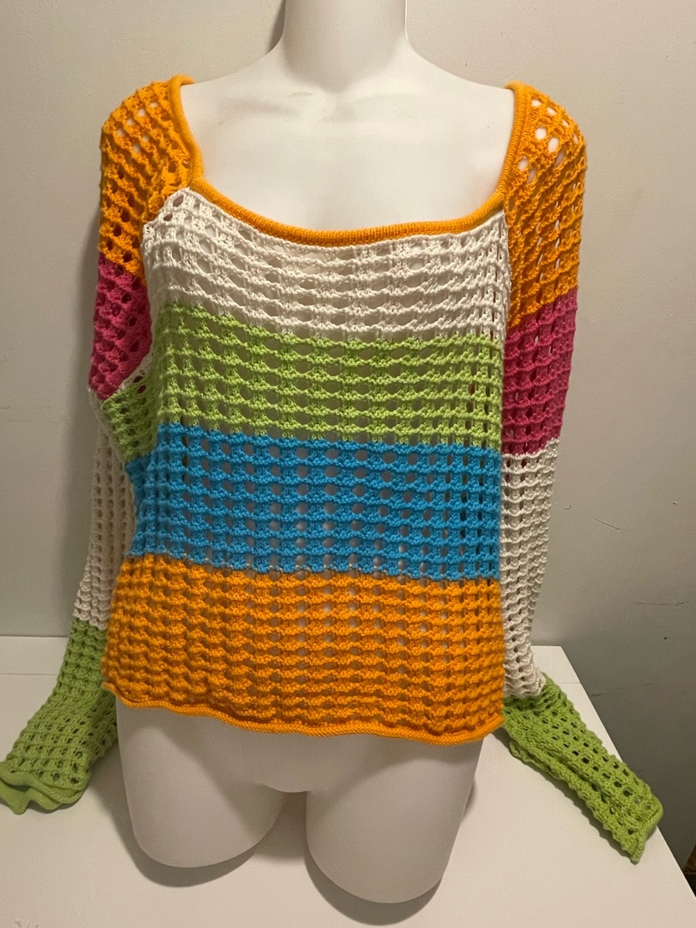Wild Fable Brand Size XL Cropped Crochet Sweater Rainbow Stripes Bright Colors - Picture 2 of 6